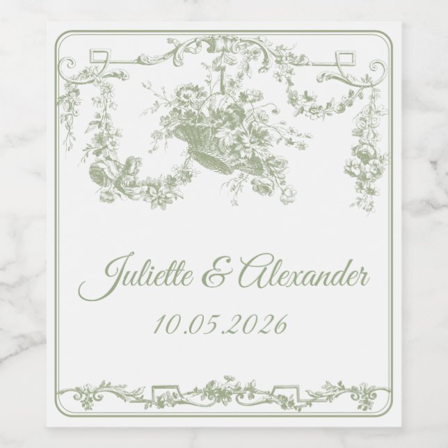 Olive Toile de Jouy Wedding Bottle Label  (Single Label)