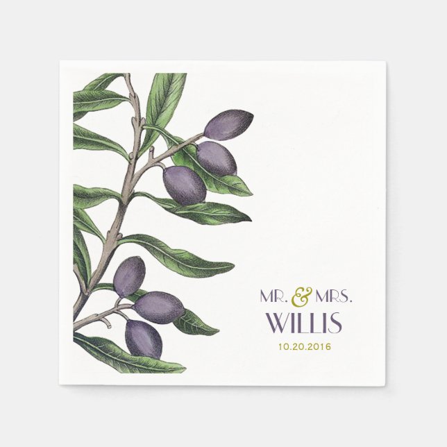 Olive Tree Branch | Green Purple Napkin (Front)