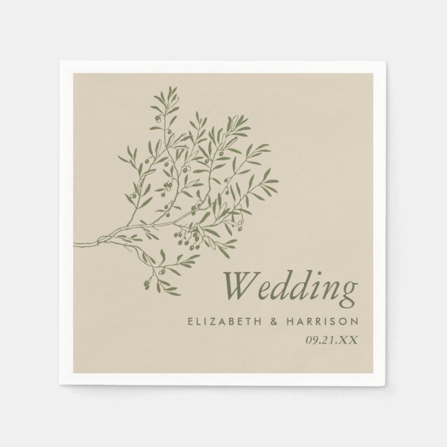 Olive Tree Branch, Rustic & Minimalistic Wedding Napkin (Front)