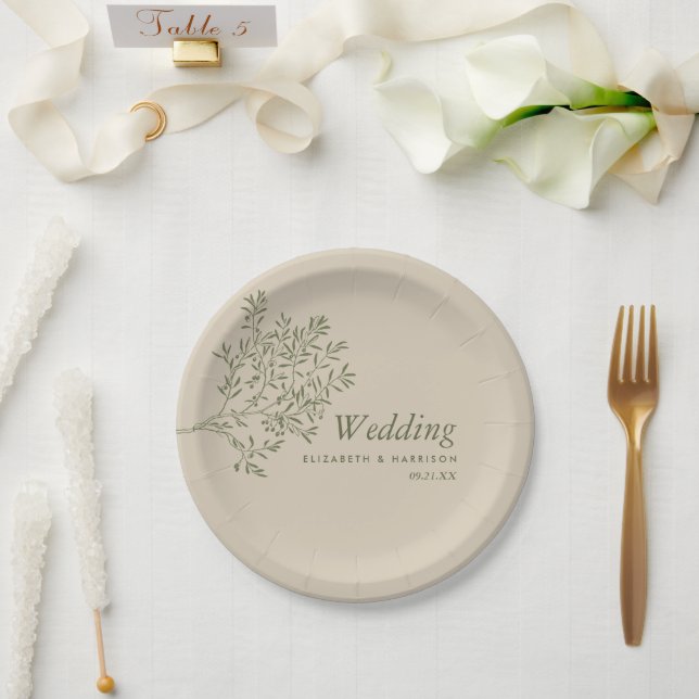Olive Tree Branch, Rustic & Minimalistic Wedding Paper Plate (Wedding)