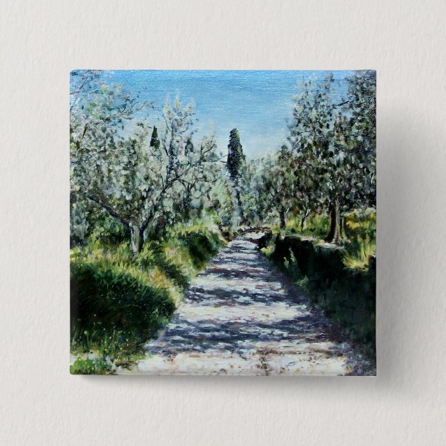 OLIVE TREES IN TUSCANY LANDSCAPE 15 CM SQUARE BADGE (Front)