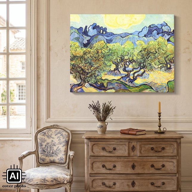 Olive Trees with Alpilles by Vincent van Gogh Canvas Print (Olive Trees with the Alpilles in the Background by Vincent van Gogh is post impressionism art.)