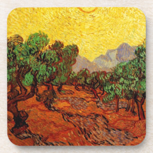 Olive Trees with Yellow Sky and Sun Coaster