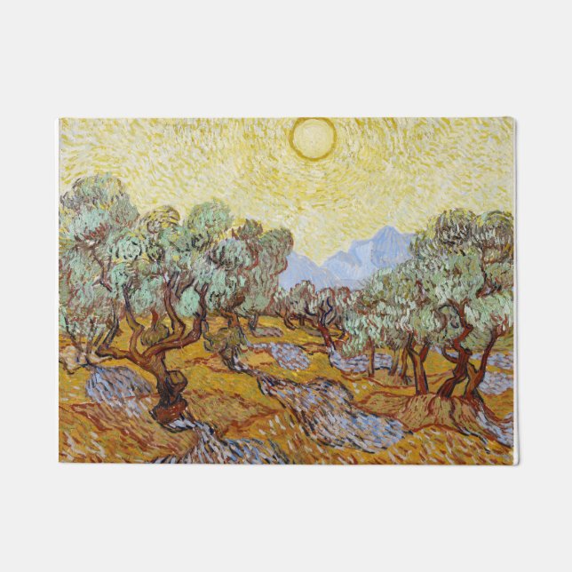 Olive Trees with yellow sky and sun   Doormat (Front)