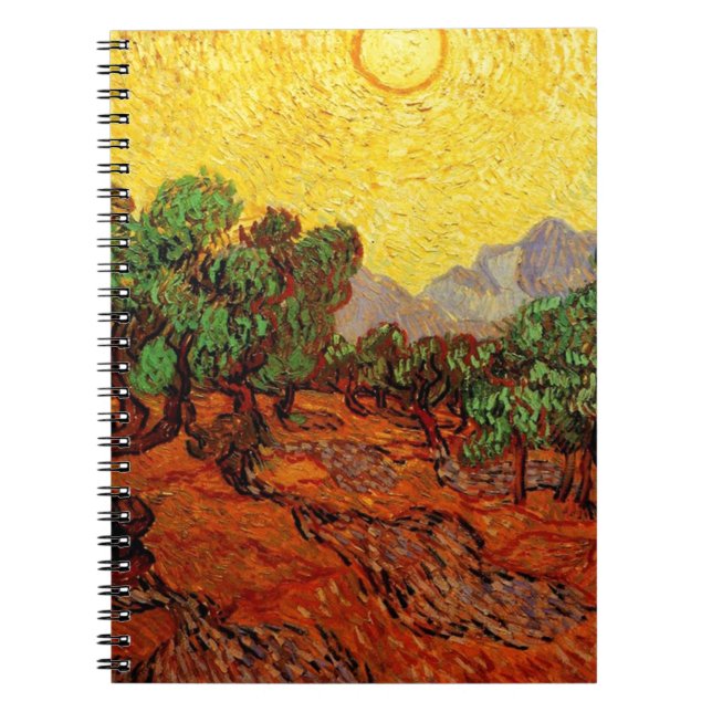 Olive Trees with Yellow Sky and Sun Spiral Notebook (Front)