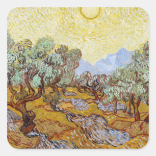 Olive Trees with yellow sky and sun    Square Sticker