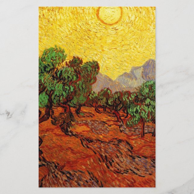Olive Trees with Yellow Sky and Sun Stationery (Front)