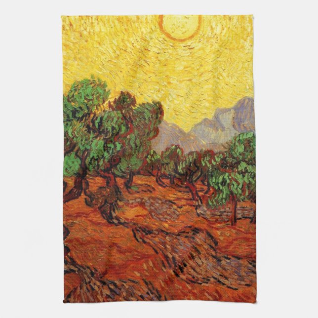 Olive Trees with Yellow Sky and Sun Tea Towel (Vertical)