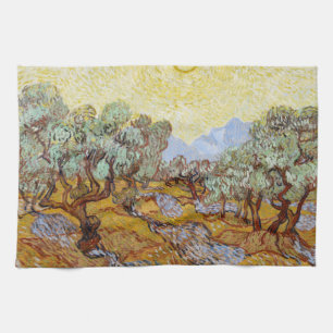 Olive Trees with yellow sky and sun   Tea Towel