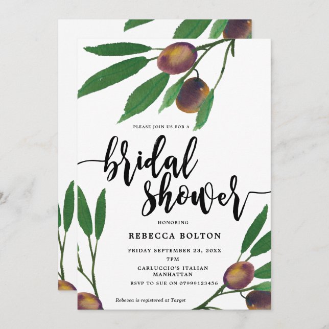 olive tuscan laurel modern bridal shower invite (Front/Back)