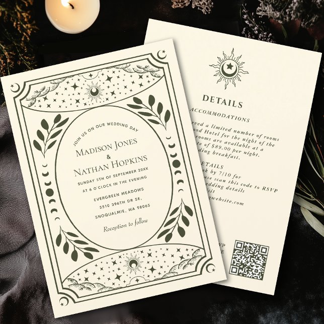 Olive Vintage Tarot Gothic Wedding  QR Invitation (Creator Uploaded)