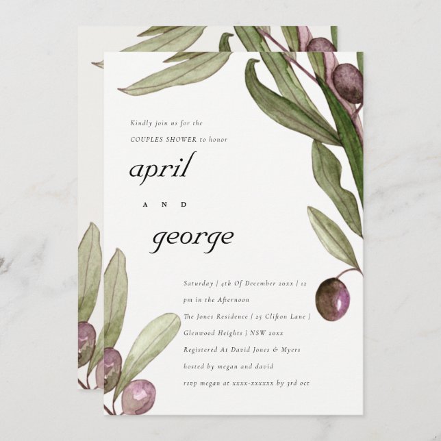 OLIVE WATERCOLOR FOLIAGE COUPLES SHOWER INVITE (Front/Back)