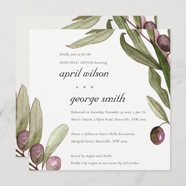 OLIVE WATERCOLOR FOLIAGE REHEARSAL DINNER INVITE (Front/Back)