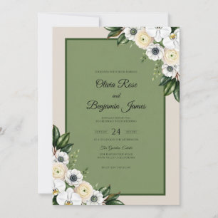 Olive White Anemone Wedding Invitation