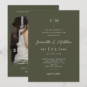 Olive & White Minimalist Modern Photo Wedding  Invitation
