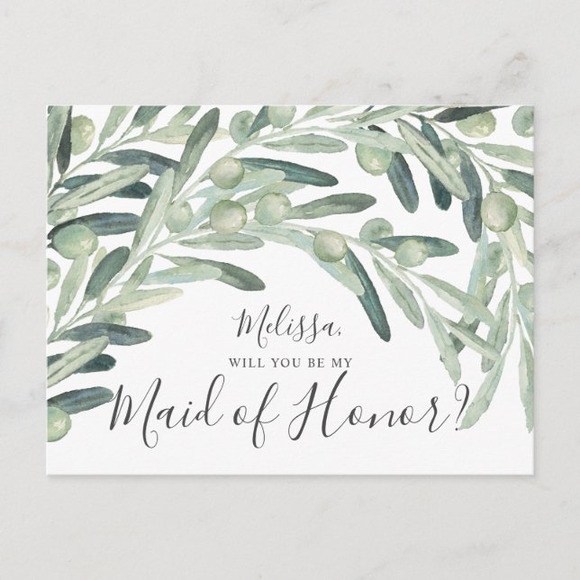 Olive Will You Be My Maid of Honour Invitation Postcard (Front)