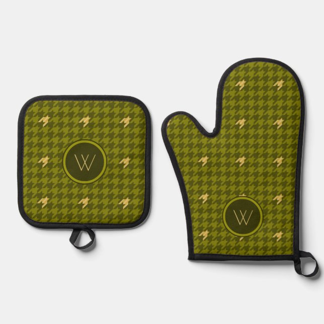 Olive with Gold Accent Houndstooth Oven Mitt & Pot Holder Set (Front)