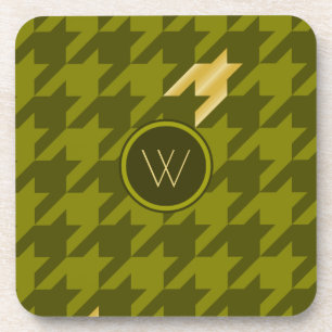 Olive with Gold Accent Houndstooth Square Coaster