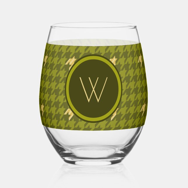 Olive with Gold Accent Houndstooth Stemless Wine Glass (Front)