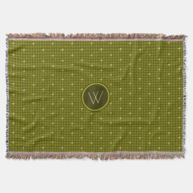 Olive with Gold Accent Houndstooth Throw Blanket (Front)