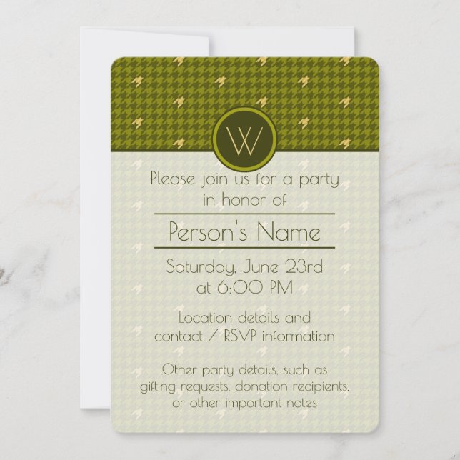 Olive with Gold Houndstooth Party Invitation (Front)