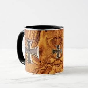 Olive wood, burl wood finish with iron cross mug