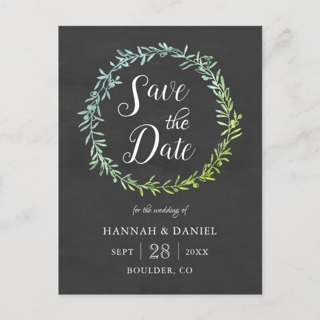 Olive Wreath Chalkboard Save the Date Template Postcard (Front)