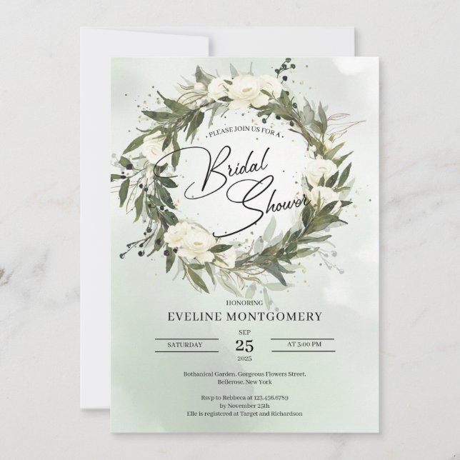 Olive wreath forest green leaves white roses boho invitation (Front)