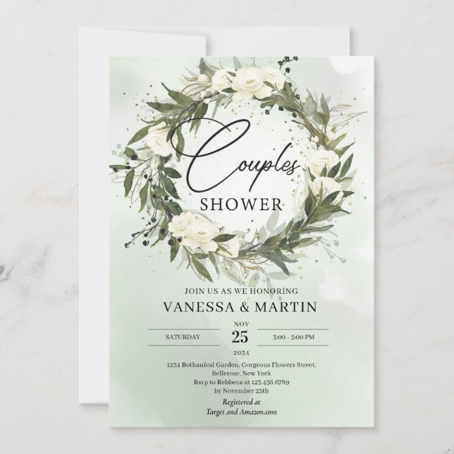 Olive wreath greenery white roses couples shower invitation (Front)
