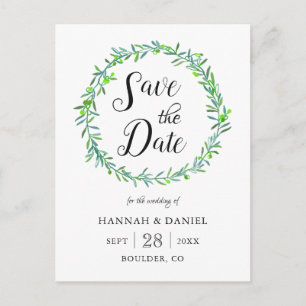Olive Wreath Leaves Wedding Save the Date Announcement Postcard