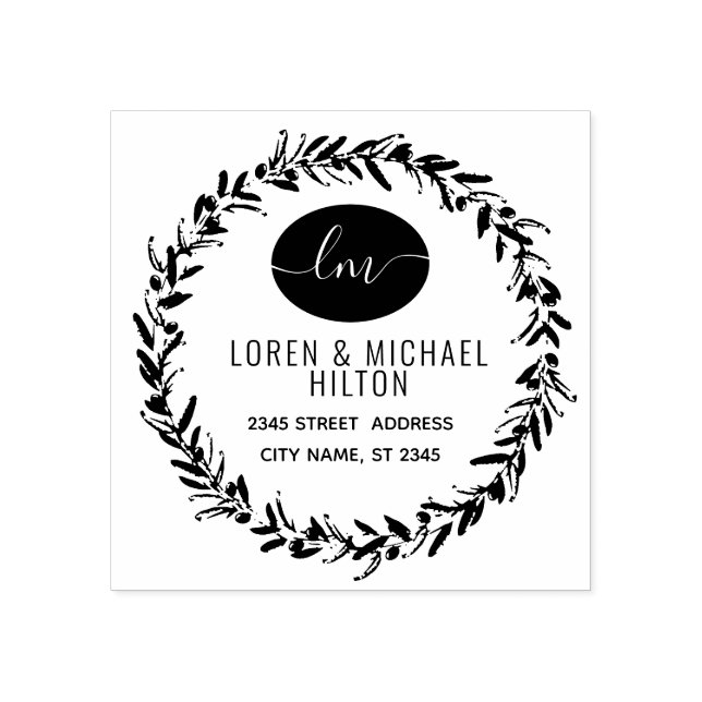 Olive wreath  monogram return address rubber stamp (Imprint)