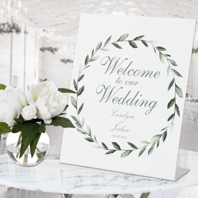 Olive Wreath Welcome To Our Wedding Elegant Pedestal Sign (Creator Uploaded)