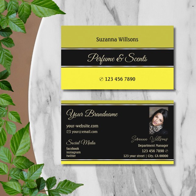 Olive Yellow Borders on Black Modern with Photo Business Card (Creator Uploaded)