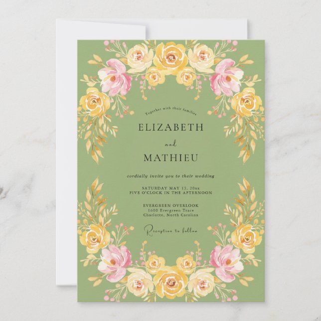 Olive Yellow Ranunculus Eucalyptus Wedding Invitation (Front)
