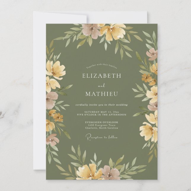 Olive Yellow Watercolor Rustic Wedding Invitation (Front)