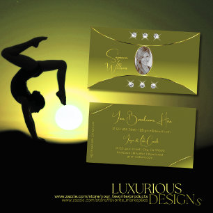 Olive Yellow with Gold Decor Diamonds and Photo Business Card
