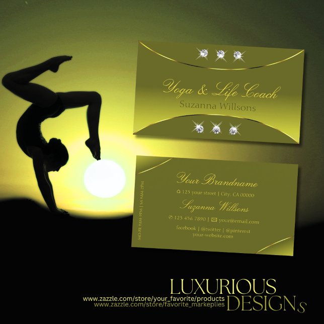 Olive Yellow with Gold Decor Sparkling Diamonds Business Card (Creator Uploaded)