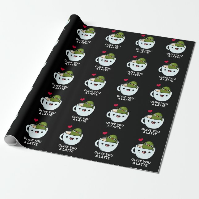 Olive You A Latte Funny Food Pun Dark BG Wrapping Paper (Unrolled)