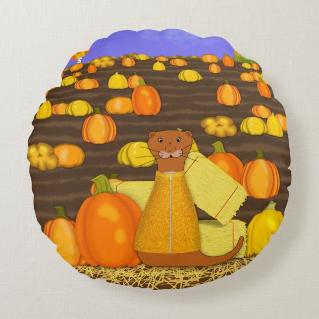 Oliver The Otter Picks a Pumpkin Round Cushion (Front)