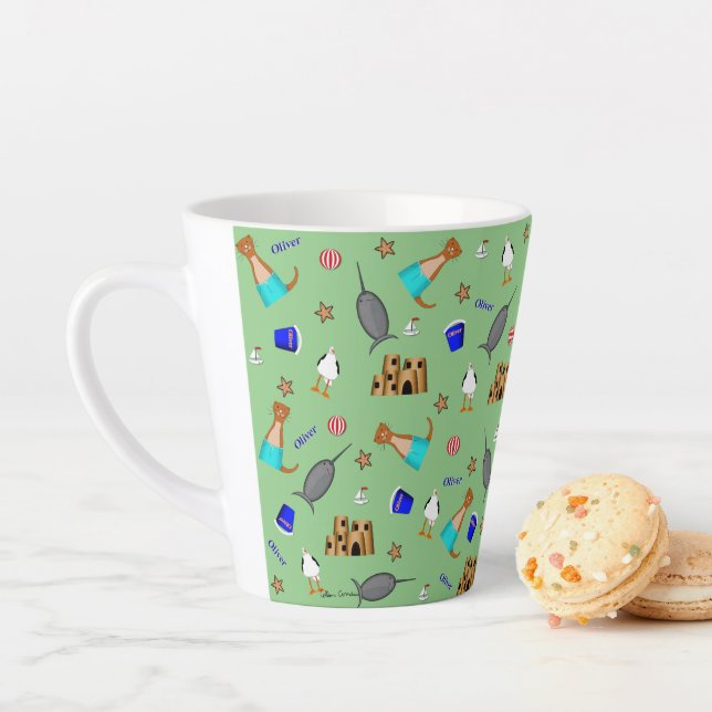 Oliver The Otter Summer Beach Vacation Pattern Latte Mug (In Situ)