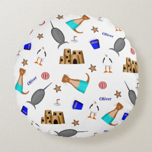 Oliver The Otter Summer Beach Vacation Pattern Round Cushion