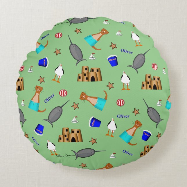 Oliver The Otter Summer Beach Vacation Pattern Round Cushion (Front)