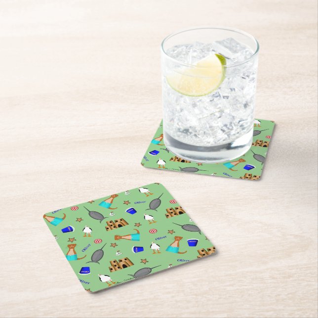 Oliver The Otter Summer Beach Vacation Pattern Square Paper Coaster (Insitu)