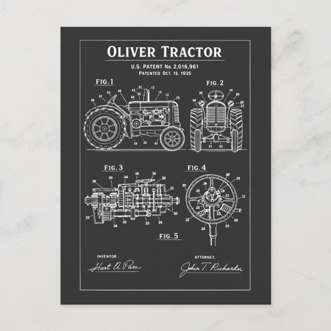 Oliver Tractor Blueprint Patent Artwork Postcard (Front)