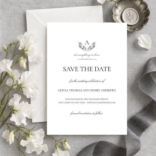 Olivia Christian Wedding Monogram Save the Date (This elegant save the date card features your monogram and a Bible verse on love.)