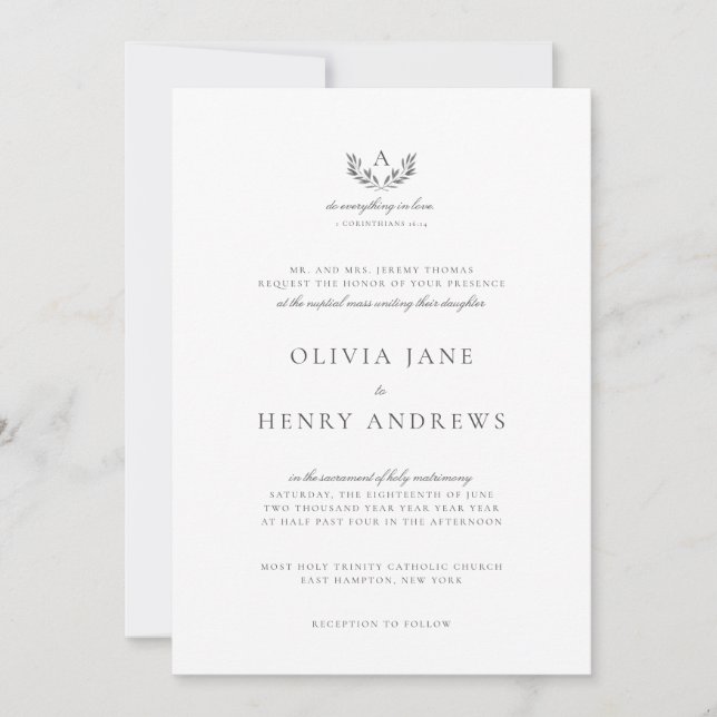 Olivia Classic Grey Monogram Catholic Wedding Invitation (Front)