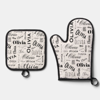 Olivia Custom Name Black White  Oven Mitt & Pot Holder Set
