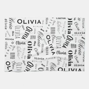 Olivia Custom Name Black White Tea Towel