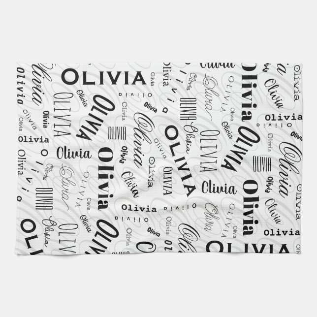 Olivia Custom Name Black White  Tea Towel (Horizontal)