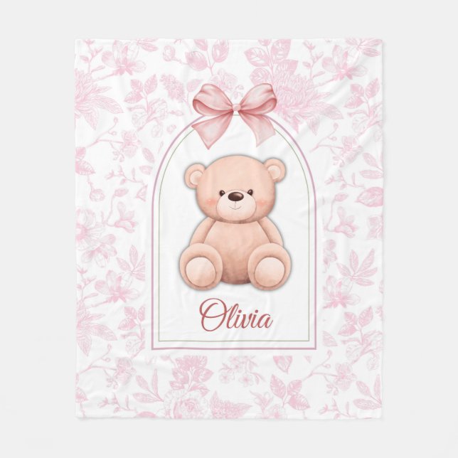 Olivia | Custom Pink Teddy Bear Nursery Design  Fleece Blanket (Front)